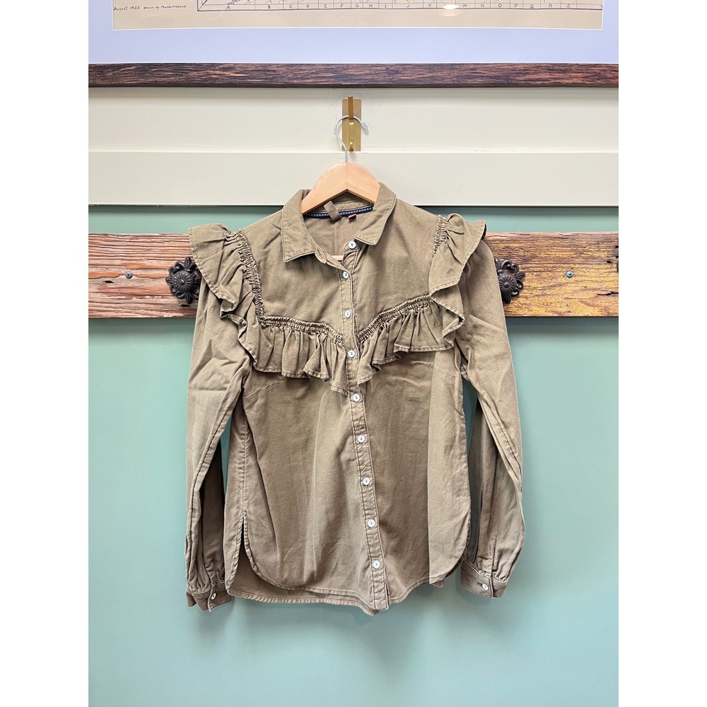 Pilcro and the Letterpress Olive Green Ruffle Yoke Cotton Button Down Shirt XS